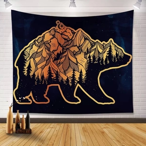 Artistic black cat silhouette tapestry with golden forest and mountain night landscape