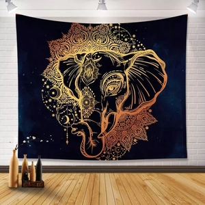 Detailed view of bohemian mandala elephant wall tapestry in a modern room setting