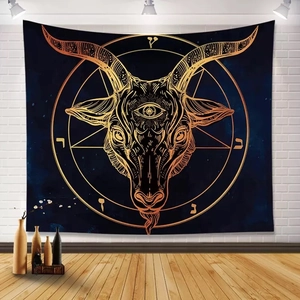 Gothic black cat and goat head tapestry with mystical golden occult symbols on blue fabric