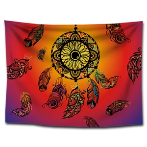 Nordic dreamcatcher tapestry with orange-purple gradient background and colorful feathers