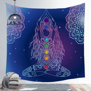 Detail of meditation tapestry with 7 chakras and mandala on starry sky background