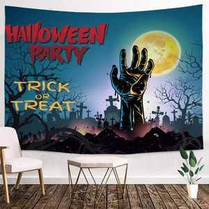 Halloween pumpkin tapestry with zombie hands and full moon for home wall decoration