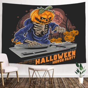 Detail of Halloween tapestry featuring pumpkin skull DJ at a party scene in a modern room