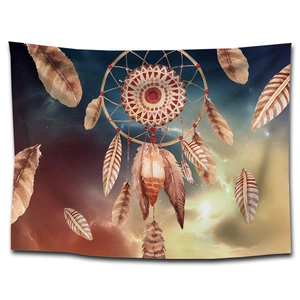 Detail of dreamcatcher tapestry with realistic brown feathers and vibrant nebula print