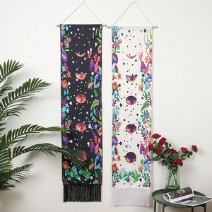 Moon Phase Tapestry Wall Hanging Bohemian Cotton Linen Floral With Wooden Rod Tassel For Home Bedroom Decor