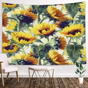 Detail of oil painting sunflower tapestry hanging on a bedroom wall with Nordic decor