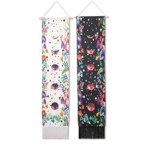 Bohemian moon phase tapestry set with vintage floral patterns and fringe tassels