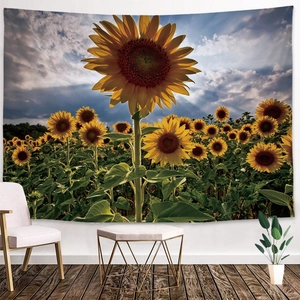 Detail of sunflower tapestry featuring vibrant floral landscape for bedroom wall decor