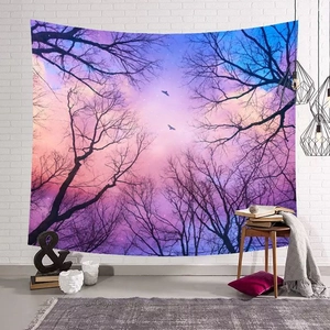 Detail of forest tapestry with starry night design on a white textured wall