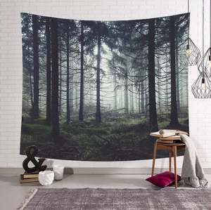 Detail of forest wall tapestry with trees and morning mist on white brick wall background