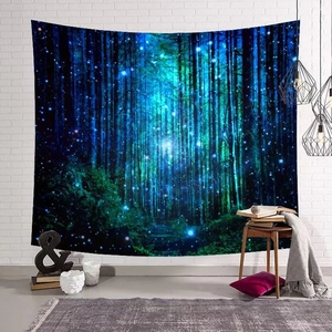 Deep forest tapestry with glowing fireflies hanging on a white brick wall in a cozy room
