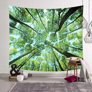Deep forest canopy tapestry hanging on a white brick wall for home interior decoration