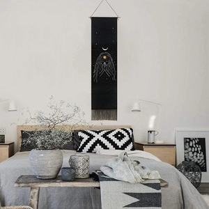 Bohemian black wall tapestry with sun moon and mystical figure for living room