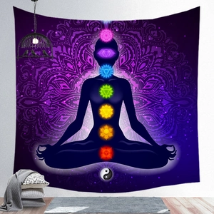 Purple mandala tapestry with seven chakra symbols and silhouette for meditation decor