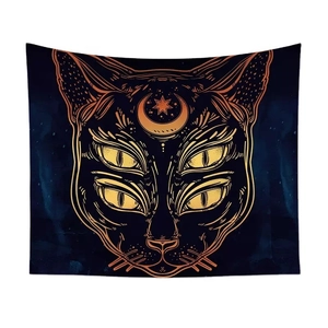 Mystic black cat tapestry with four eyes and moon symbol for home wall decor