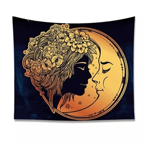Bohemian sun and moon tapestry with floral maiden silhouette for mystical wall decor