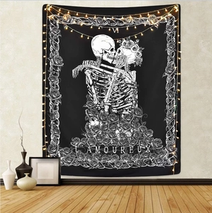 Black and white lunar cycle skull lovers tarot tapestry with warm string lights decor