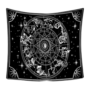 Black and white zodiac lunar cycle tapestry featuring skeleton prints and star maps