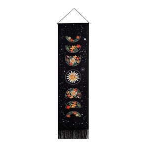 Bohemian floral moon phase wall tapestry with black fabric, stars and fringe tassels
