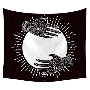 Mystical black and white sun moon tapestry with celestial hand symbols for bedroom decor