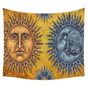 Close-up of celestial sun and moon digital print tapestry with vintage map texture