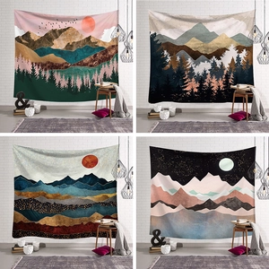 Tapisserie Murale Paysage Abstrait Moderne Nordique Polyester Décoration Montagne Lune Forêt Art pour Chambre à Coucher Salon