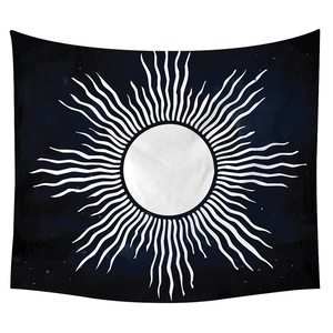 Celestial sun tapestry with white totem on dark blue background for bedroom decor