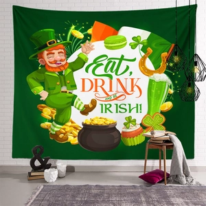 St. Patrick's Day tapestry with leprechaun and Irish motifs on a white brick wall