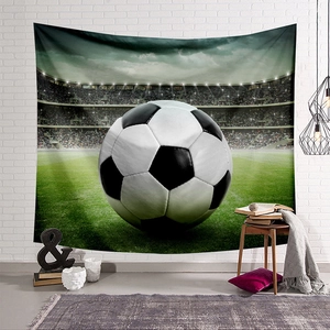 Detail of soccer ball tapestry showing high-definition print quality in home living room