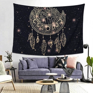 Bohemian dreamcatcher tapestry with moon phases and gold feathers on black background