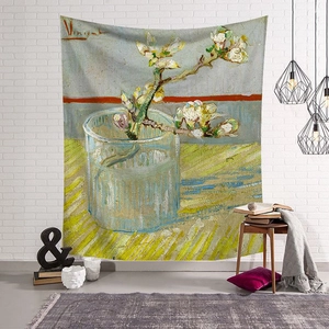 Detailed texture of Van Gogh sunflower tapestry hanging on a rustic white brick wall