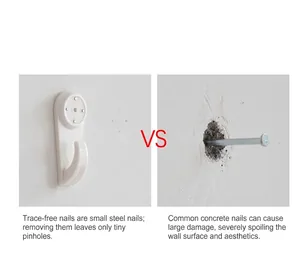 White plastic traceless hooks with steel pins for wall mounting vs standard cement nails