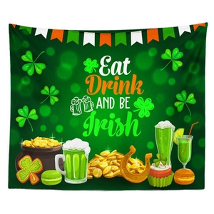 St. Patrick's Day tapestry with clovers and gold coins reading Eat Drink and be Irish