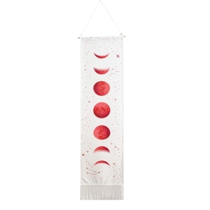 Red moon phase cycle tapestry with wooden rod and elegant white bottom tassels