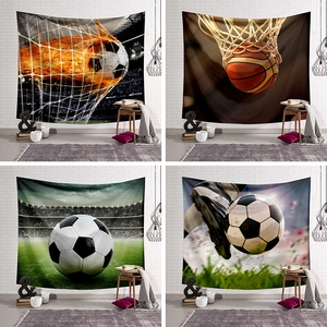 Sports Theme Wall Tapestry Soccer Basketball Dynamic Fire Print Polyester Fabric Wall Hanging For Bedroom Living Room Decor