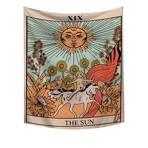 Vintage The Sun Tarot Card tapestry featuring sunflowers and sun motif for wall decor