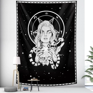 Tapisserie de tarot noir et blanc minimaliste avec un design mystique de serpent et étoile