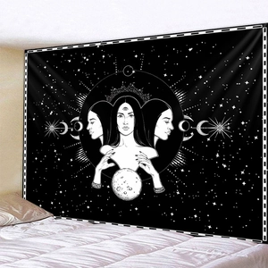 Tenture de tarot noir et blanc avec motifs célestes de lune et d'étoiles pour décor de chambre