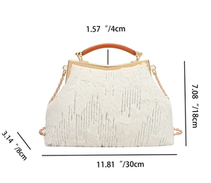 Faux fur white evening clutch with sequins, dimensions 30x18cm shown with gold chain