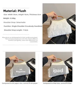 Detailed size comparison of white faux fur handbag with wooden handle and gold metal frame
