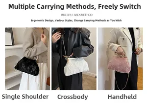 Plush evening bag with metal chain strap shown in shoulder, crossbody, and handbag styles