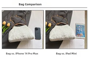 Faux fur handbag size comparison showing dimensions next to tablet and smartphone