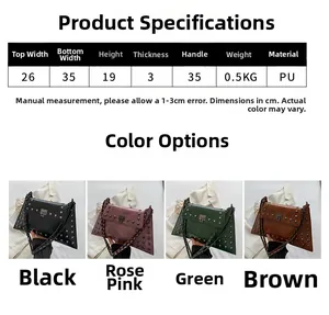 Size chart for vintage studded shoulder bag with PU leather dimensions and color options