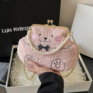 Bolso Bandolera de Peluche de Oso Lindo para Mujer Asa de Perla Cadena de Metal Bolso de Hombro con Cierre de Boquilla Regalo