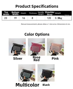 Size chart showing rhinestone handbag dimensions and five available color options