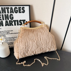Faux Fur Sequin Evening Handbag With Wooden Handle And Metal Chain Strap Retro Frame Clutch Shoulder Bag For Women
