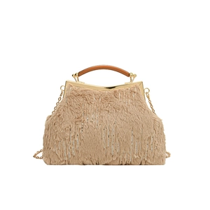 Faux fur evening handbag with sequins, metal frame closure, and wooden handle in khaki