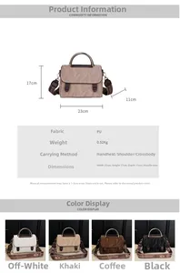 Detailed size chart and multi-color view of textured PU leather crossbody handbag