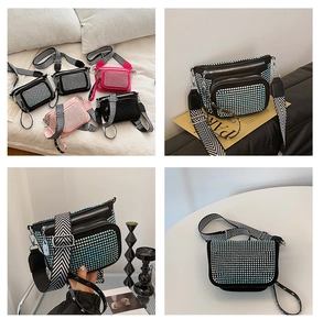 Detail showing colorful rhinestone handbags with woven wide strap and dual zippers