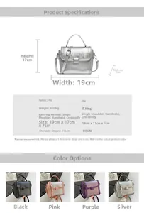 Detailed size specifications and color options for the metallic PU crossbody bag